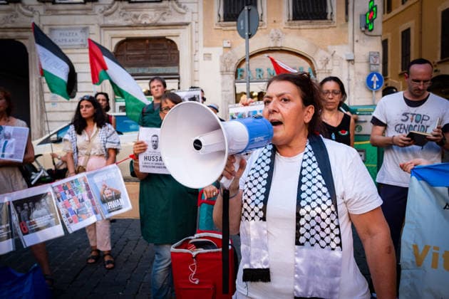 July 10, 2026, Rome, Rm, Italy: Activists from the group Health Workers for Gaza are holding a rally in front of Montecitorio, the Chamber of Deputies, to demand the release of Dr. Hussam Abu Safiya and all other Palestinian prisoners. Rome Italy - ZUMAg256 20260710_znp_g256_014 Copyright: xMarcoxDixGianvitox