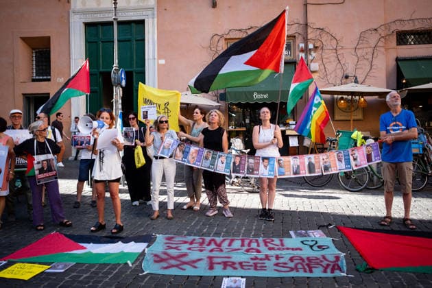 July 10, 2026, Rome, Rm, Italy: Activists from the group Health Workers for Gaza are holding a rally in front of Montecitorio, the Chamber of Deputies, to demand the release of Dr. Hussam Abu Safiya and all other Palestinian prisoners. Participants show images of Palestinian healthcare workers held in Israeli prisons. Rome Italy - ZUMAg256 20260710_znp_g256_019 Copyright: xMarcoxDixGianvitox