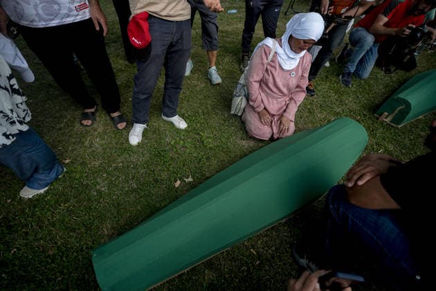 Coffins brought to Musalla in Potocari: The last farewell to the victims of the genocide in Srebrenica SREBRENICA, BOSNIA AND HERZEGOVINA - JULY 10: Family members of the victims and Peace March participants carry coffins containing the remains of ten Srebrenica genocide victims from the former Battery Factory to the Musalla area at the Potocari Memorial Center Cemetery in Srebrenica, Bosnia and Herzegovina, on July 10, 2026. Relatives and participants gathered with prayers and tears ahead of tomorrow s collective funeral and burial on the 31st anniversary of the 1995 genocide. Samir Jordamovic Anadolu Srebrenica Bosnia and Herzegovina. Editorial use only. Please get in touch for any other usage.  Copyright: x2026xAnadoluxSamirxJordamovicx