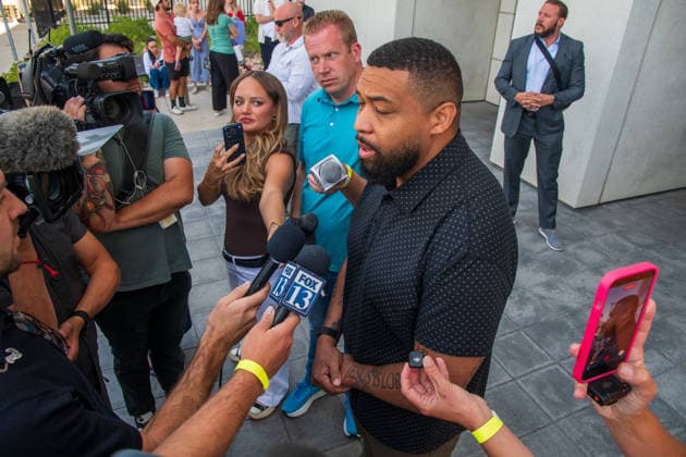 July 10, 2026, Provo, Utah, USA: BRANDON TATUM, conservative commentator and former police officer, speaks to members of the media outside the Fourth District Court in Provo, Utah, on the final day of the preliminary hearing in the Tyler Robinson case. Provo USA  - ZUMAm292 20260710_znp_m292_040 Copyright: xCharlesxMcClintockxWilsonx