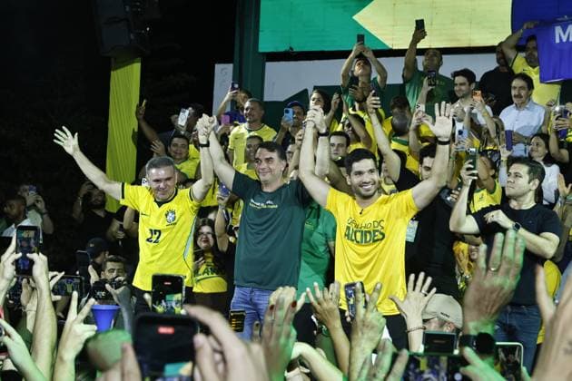 RECORD DATE NOT STATED Senator and presidential pre-candidate Flavio Bolsonaro visits Fortaleza. Fortaleza (CE), 10 07 2026 - Politics Elections Flavio Bolsonaro - Senator and pre-candidate for the presidency of the republic, Flavio Bolsonaro (PL), visits the city of Fortaleza this Friday, July 10, 2026, to fulfill a political agenda focused on electoral strategies and public security.(Foto: Lc Moreira Thenews2 imago images) Senator and presidential pre-candidate Flavio Bolsonaro visits Fortaleza.  Copyright: xLCxMoreirax