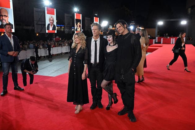 The 60th Karlovy Vary International Film Festival continued on July 10, 2026, in Karlovy Vary, Czech Republic. American actor and director Kevin Bacon (2nd from left), his wife, actress Kyra Sedgwick, and son, musician and actor Travis (right) and his girlfriend Angelina Sambrotto, presented the film Family Movie in the Great Hall of the Thermal Hotel. (CTKxPhoto SlavomirxKubes) CTKPhotoP2026071008661  CTKPhotoP2026071008661