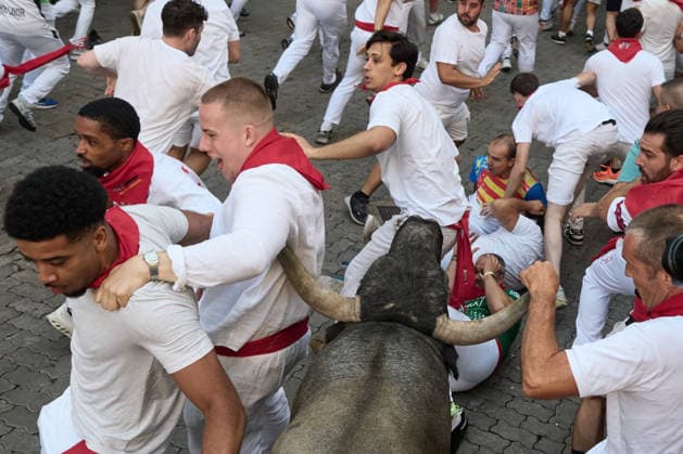 Fifth bull run of the 2026 San Fermín Festival, featuring bulls from the José Escolar ranch; the fifth bull run of the 2026 San Fermín Festival, on July 11, 2026, in Pamplona, Navarre, Spain. In this year’s festival, the fifth running of the San Fermín festivities features bulls from the José Escolar ranch in Spain.  Copyright: xEduardoxSanzx 7658851