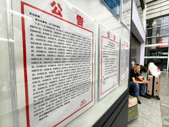 FUZHOU, CHINA - JULY 11: Information regarding suspended trains due to typhoon impacts is displayed on a notice board at Fuzhou Railway Station on July 11, 2026 in Fuzhou, Fujian Province of China. China s national observatory on July 11 issued a red alert for rainstorm, the highest level in its four-tier system, with Typhoon Bavi expected to make landfall along the coast of eastern China in the early hours of July 12.  Copyright: xChinaxNewsxServicex 111653646753