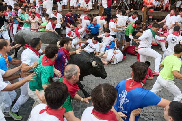 Fifth bull run of the 2026 San Fermín Festival, featuring bulls from the José Escolar ranch; the fifth bull run of the 2026 San Fermín Festival, on July 11, 2026, in Pamplona, Navarre, Spain. In this year’s festival, the fifth running of the San Fermín festivities features bulls from the José Escolar ranch in Spain.  Copyright: xEduardoxSanzx 7658853