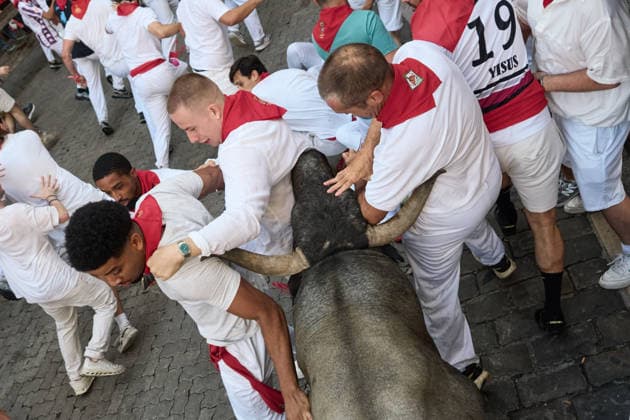 Fifth bull run of the 2026 San Fermín Festival, featuring bulls from the José Escolar ranch; the fifth bull run of the 2026 San Fermín Festival, on July 11, 2026, in Pamplona, Navarre, Spain. In this year’s festival, the fifth running of the San Fermín festivities features bulls from the José Escolar ranch in Spain.  Copyright: xEduardoxSanzx 7658866