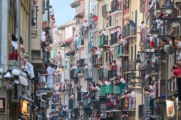 Fifth bull run of the 2026 San Fermín Festival, featuring bulls from the José Escolar ranch; balconies at the estafeta before the fifth bull run of the 2026 San Fermín Festival, on July 11, 2026, in Pamplona, Navarre, Spain. In this edition, the fifth running of the San Fermín festivities features bulls from the José Escolar ranch in Spain.  Copyright: xEduardoxSanzx 7658877