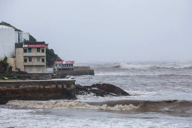 (260711) -- WENLING, July 11, 2026 -- This photo taken on July 11, 2026 shows sea waves in Shitang Town of Wenling City, east China s Zhejiang Province. Typhoon Bavi, the ninth typhoon of the year, is expected to make landfall along the coast between Sanmen and Cangnan in east China s Zhejiang Province in the early hours of Sunday. In preparation, authorities at all levels in Wenling have stepped up with extra hands on duty as well as reinforced safety and prevention measures. Local emergency teams, shelters, and supplies are now fully prepared for typhoon response. ) CHINA-ZHEJIANG-WENLING-TYPHOON BAVI-PREVENTION (CN) XuxYu 