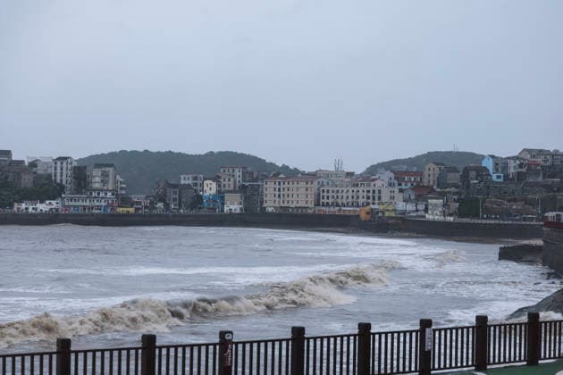 (260711) -- WENLING, July 11, 2026 -- This photo taken on July 11, 2026 shows sea waves in Shitang Town of Wenling City, east China s Zhejiang Province. Typhoon Bavi, the ninth typhoon of the year, is expected to make landfall along the coast between Sanmen and Cangnan in east China s Zhejiang Province in the early hours of Sunday. In preparation, authorities at all levels in Wenling have stepped up with extra hands on duty as well as reinforced safety and prevention measures. Local emergency teams, shelters, and supplies are now fully prepared for typhoon response. ) CHINA-ZHEJIANG-WENLING-TYPHOON BAVI-PREVENTION (CN) XuxYu 