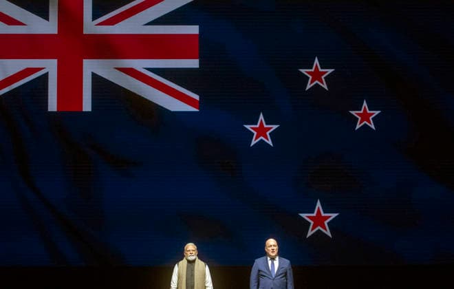 NARENDRA MODI NEW ZEALAND VISIT, Indian Prime Minister Narendra Modi (left) and New Zealand Prime Minister Christopher Luxon onstage during the Kia Ora Modi community reception at Spark Arena in Auckland, New Zealand, Saturday, July 11, 2026. ( NO ARCHIVING Auckland Auckland New Zealand  Copyright: xChrisxMcKeenx 20260711185651578914