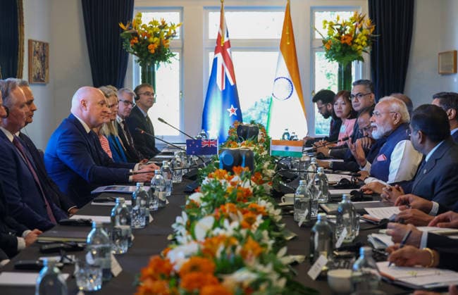 RECORD DATE NOT STATED PM Modi Holds Delegation-Level Talks with New Zealand PM Christopher Luxon at Government House in Auckland Auckland New Zealand , Jul 11 (ANI): Prime Minister Narendra Modi holds delegation-level talks with New Zealand Prime Minister Christopher Luxon at the Government House, in Auckland on Saturday. (Narendra Modi Photo Gallery ANI Photo) Auckland New Zealand Copyright: xANIx ANI_20260711008
