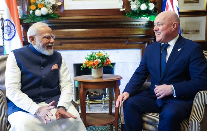 RECORD DATE NOT STATED PM Modi Holds Delegation-Level Talks with New Zealand PM Christopher Luxon at Government House in Auckland Auckland New Zealand , Jul 11 (ANI): Prime Minister Narendra Modi holds delegation-level talks with New Zealand Prime Minister Christopher Luxon at the Government House, in Auckland on Saturday. (Narendra Modi Photo Gallery ANI Photo) Auckland New Zealand Copyright: xANIx ANI_20260711007