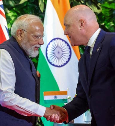 PM Modi shakes hands with New Zealand PM Christopher Luxon during a bilateral meeting at the Government House Auckland New Zealand , Jul 11 (ANI): Prime Minister Narendra Modi shakes hands with New Zealand Prime Minister Christopher Luxon during a bilateral meeting at the Government House, in Auckland on Saturday. (Narendra Modi Photo Gallery ANI Photo) Auckland New Zealand Copyright: xANIx ANI_20260711010