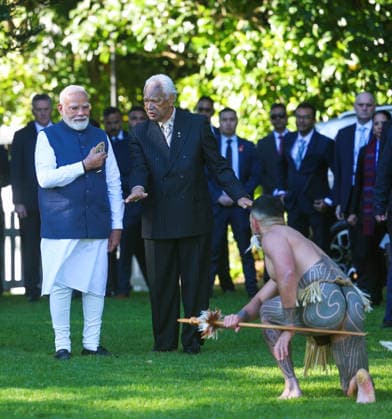 RECORD DATE NOT STATED PM Modi Receives Ceremonial Traditional MÄori Powhiri Welcome at Government House in Auckland Auckland New Zealand , Jul 11 (ANI): Prime Minister Narendra Modi receives a ceremonial traditional MÄori powhiri welcome at the Government House, in Auckland on Saturday. (Narendra Modi Photo Gallery ANI Photo) Auckland New Zealand Copyright: xANIx ANI_20260711034