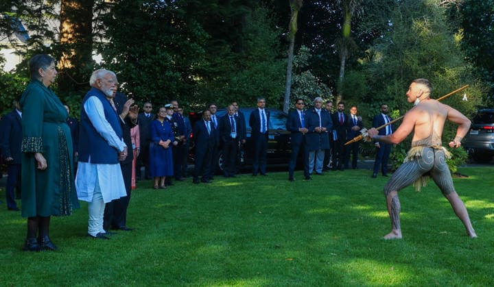 RECORD DATE NOT STATED PM Modi Receives Ceremonial Traditional MÄori Powhiri Welcome at Government House in Auckland Auckland New Zealand , Jul 11 (ANI): Prime Minister Narendra Modi receives a ceremonial traditional MÄori powhiri welcome at the Government House, in Auckland on Saturday. (Narendra Modi Photo Gallery ANI Photo) Auckland NEW Z Copyright: xANIx ANI_20260711035