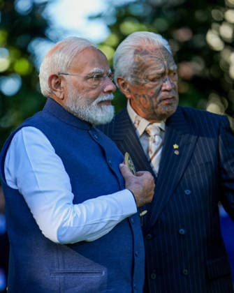 PM Modi receives a ceremonial traditional MÄori powhiri welcome at the Government House, in Auckland Auckland New Zealand , Jul 11 (ANI): Prime Minister Narendra Modi during a ceremonial traditional MÄori powhiri welcome at the Government House, in Auckland on Saturday. (Narendra Modi Photo Gallery ANI Photo) Auckland New Zealand Copyright: xANIx ANI_20260711039