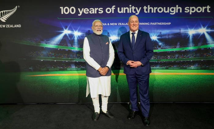 PM Modi with New Zealand PM Christopher Luxon attends a sporting showcase event in Auckland Auckland New Zealand , Jul 11 (ANI): Prime Minister Narendra Modi with New Zealand Prime Minister Christopher Luxon during a sporting showcase event, in Auckland on Saturday. (Narendra Modi Photo Gallery ANI Photo) Auckland New Zealand Copyright: xANIx ANI_20260711060