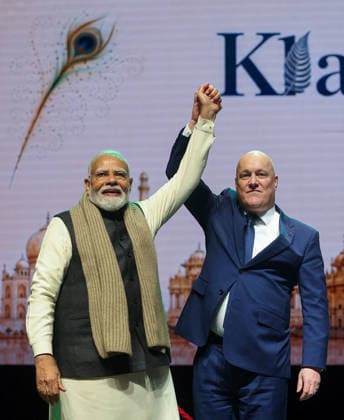 RECORD DATE NOT STATED PM Modi with New Zealand PM Christopher Luxon during a community programme Auckland New Zealand , Jul 11 (ANI): Prime Minister Narendra Modi with New Zealand Prime Minister Christopher Luxon during a community programme, in Auckland on Saturday. (@narendramodi X ANI Photo) Auckland New Zealand Copyright: xANIx ANI_20260711133