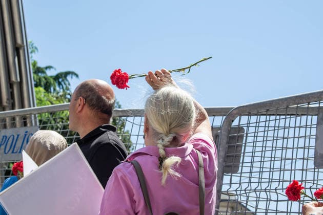 July 11, 2026, Istanbul, Istanbul, Turkey: Members of the Saturday Mothers People, relatives of victims of enforced disappearances, human rights defenders and supporters gather for the 1111th weekly vigil at Galatasaray Square in central Istanbul. Holding photographs of their missing relatives and carnations, participants demand truth, justice and accountability for those who disappeared in custody, calling on the authorities to conduct effective investigations into unresolved enforced disappearance cases. Istanbul Turkey  - ZUMAt171 20260711_zip_t171_002 Copyright: xAbdullahxTepelix
