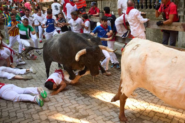 Running of the Bulls San Fermín 2026 in Pamplona, Spain - 11 Jul 2026 A runner seen knocked down by a bull on the descent to the entrance of the Monumental Bullring during the fifth bull run of the 2026 San Fermín festival. Pamplona Spain Copyright: xElsaxAxBravox xSOPAxImagesx Fifth Running of the Bulls San Fermin 2026_EAB_7993 (3)