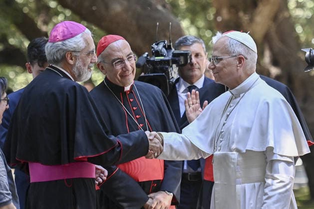Pope Leo XIV joins lunch with people in need near Rome CASTEL GANDOLFO, ITALY, JULY 11: (----EDITORIAL USE ONLY - MANDATORY CREDIT - ISABELLA BONOTTO POOL HANDOUT - NO MARKETING NO ADVERTISING CAMPAIGNS - DISTRIBUTED AS A SERVICE TO CLIENTS----) Pope Leo XIV attends lunch with 200 people in need at Borgo Laudato Si , a circular economy and environmental sustainability project village, in Castel Gandolfo, near Rome, Italy, on July 11, 2026. Isabella Bonotto Pool Anadolu Rome Italy. Editorial use only. Please get in touch for any other usage.  Copyright: x2026xAnadoluxIsabellaxBonottox xPoolx