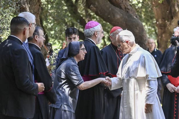 Pope Leo XIV joins lunch with people in need near Rome CASTEL GANDOLFO, ITALY, JULY 11: (----EDITORIAL USE ONLY - MANDATORY CREDIT - ISABELLA BONOTTO POOL HANDOUT - NO MARKETING NO ADVERTISING CAMPAIGNS - DISTRIBUTED AS A SERVICE TO CLIENTS----) Pope Leo XIV attends lunch with 200 people in need at Borgo Laudato Si , a circular economy and environmental sustainability project village, in Castel Gandolfo, near Rome, Italy, on July 11, 2026. Isabella Bonotto Pool Anadolu Rome Italy. Editorial use only. Please get in touch for any other usage.  Copyright: x2026xAnadoluxIsabellaxBonottox xPoolx