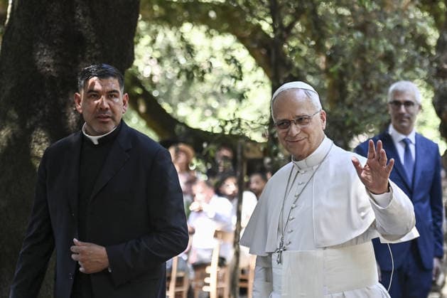 Pope Leo XIV joins lunch with people in need near Rome CASTEL GANDOLFO, ITALY, JULY 11: (----EDITORIAL USE ONLY - MANDATORY CREDIT - ISABELLA BONOTTO POOL HANDOUT - NO MARKETING NO ADVERTISING CAMPAIGNS - DISTRIBUTED AS A SERVICE TO CLIENTS----) Pope Leo XIV attends lunch with 200 people in need at Borgo Laudato Si , a circular economy and environmental sustainability project village, in Castel Gandolfo, near Rome, Italy, on July 11, 2026. Isabella Bonotto Pool Anadolu Rome Italy. Editorial use only. Please get in touch for any other usage.  Copyright: x2026xAnadoluxIsabellaxBonottox xPoolx
