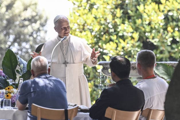 Pope Leo XIV joins lunch with people in need near Rome CASTEL GANDOLFO, ITALY, JULY 11: (----EDITORIAL USE ONLY - MANDATORY CREDIT - ISABELLA BONOTTO POOL HANDOUT - NO MARKETING NO ADVERTISING CAMPAIGNS - DISTRIBUTED AS A SERVICE TO CLIENTS----) Pope Leo XIV attends lunch with 200 people in need at Borgo Laudato Si , a circular economy and environmental sustainability project village, in Castel Gandolfo, near Rome, Italy, on July 11, 2026. Isabella Bonotto Pool Anadolu Rome Italy. Editorial use only. Please get in touch for any other usage.  Copyright: x2026xAnadoluxIsabellaxBonottox xPoolx