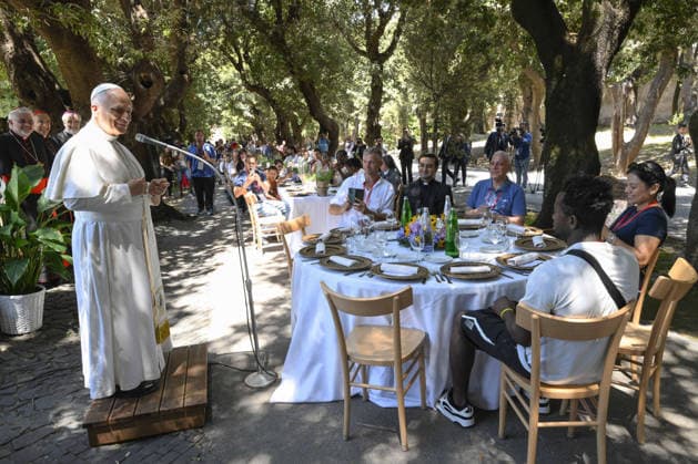 Pope Leo XIV At Lunch With Poor People In Castel Gandolfo - Italy Pope Leo XIV attends the special ‘Lunch with the Pope’ in ‘Borgo Laudato si’ in the Pontifical Gardens of Castel Gandolfo, near Rome, Italy, with some 200 poor and socially vulnerable people on July 11, 2026. The event brought together 200 people, including nearly 40 children, living in vulnerable circumstances and accompanied by the Diocese of Rome and affiliated charitable organizations. The guests are spending the day immersed in the beauty and spirituality of the Borgo Laudato si initiative. Located on a 55-hectare area of the gardens and farms of Castel Gandolfo, the Borgo Laudato si’, strongly desired by Pope Francis, offers a richly biodiverse environment (with more t  Copyright: xABACAx