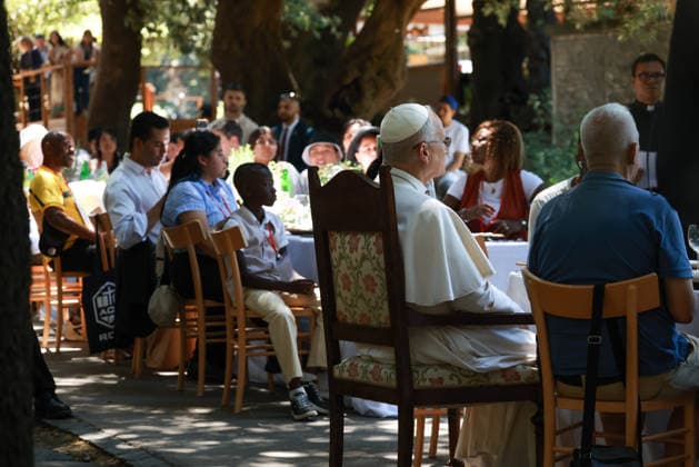 IPA86601790 - Italy, Castel Gandolfo, Vatican, July 11, 2026.Pope Leo XIV attends the event Lunch with the Pope with about 200 socially vulnerable people from the Diocese of Rome, at Borgo Laudato Si’ in the Pontifical Gardens of Castel Gandolfo. Photograph by F.OROGLIA Catholic Press Photo  Copyright: xF.ORIGLIA CPPx xF.ORIGLIA CPPx 86601790