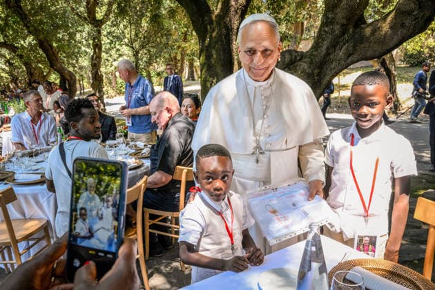 ITALY - POPE LEO XIV ATTENDS THE EVENT LUNCH WITH POPE WITH AROUND 200 SOCIALLY VULNERABLE PEOPLE FROM THE FIOCESE OF ROME, AT BORGO LAUDATO SI IN THE PONTIFICAL GARDENS OF CASTEL GANDOLFO - 2026 7 11 Italy,Castel Gandolfo , Vatican, 2026 7 11. Pope Leo XIV attends the event Lunch with the Pope with around 200 socially vulnerable people from the Diocese of Rome, at Borgo Laudato Si in the Pontifical Gardens of Castel Gandolfo EDITORIAL USE ONLY - NO BOOKS Copyright: xVATICANxMEDIA CPPx