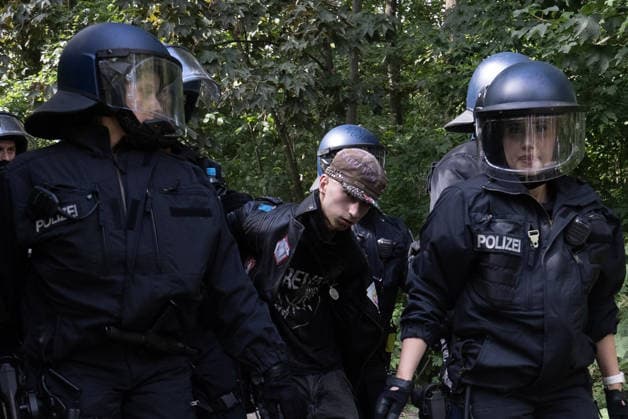 Pro-Palestine activists protest outside Rheinmetall weapons factory in Berlin BERLIN, GERMANY - JULY 11: Police officers take an activist into custody during a demonstration outside a Rheinmetall weapons production facility in the Wedding district of Berlin, Germany, on July 11, 2026. Hundreds of anti-war and pro-Palestine protesters gathered to voice their opposition to the defense company s operations, leading to several interventions by the police. Ilkin Eskipehlivan Anadolu Berlin Germany. Editorial use only. Please get in touch for any other usage.  Copyright: x2026xAnadoluxIlkinxEskipehlivanx