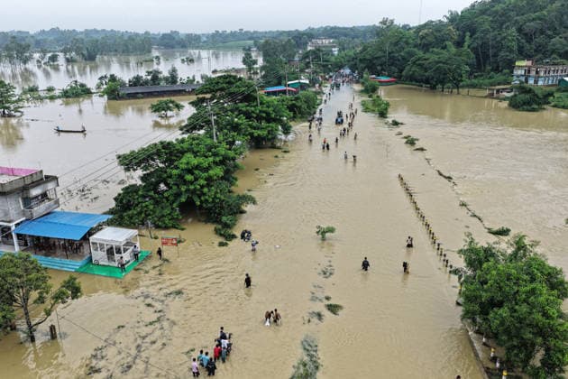 July 11, 2026, Satkania, Chattogram, Bangladesh: July 11, 2026, Satkania, Chattogram, Bangladesh: Aerial views show widespread flooding after the Sangu River overflowed, submerging roads, homes and cropland. Floods and landslides have killed at least 39 people and affected more than 928,000 across five districts in Chattogram Division, with thousands stranded. Satkania Bangladesh - ZUMAh178 20260711_zip_h178_081 Copyright: xMuhammadxAmdadxHossainx