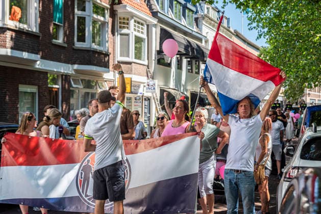 July 11, 2026, Schiedam, South Holland, Netherlands: 11 July 2026. Anti-asylum seeker center demonstrators march. In Schiedam, the Netherlands, a pro-asylum seeker demonstration promoted by Extinction Rebellion countered a demonstration called the Vrouwenmars tegen het AZC (Women s March Against the AZC) promoted by anti-asylum seeker centre groups. Both events took place in the center of Schiedam. Schiedam Netherlands - ZUMAp202 20260711_zip_p202_008 Copyright: xJamesxPetermeierx