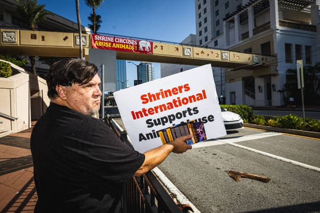 July 11, 2026, Tampa, Florida, USA: Members of the animal rights group PETA rally to call on the SHRINERS organization to ban itÃ¢â‚¬â ¢s member clubs from hosting old-style circuses which use live animals as part of the act at the Tampa Convention Center located in downtown Tampa. Tampa USA - ZUMAd256 20260711_znp_d256_024 Copyright: xDavexDeckerx