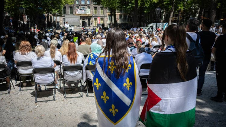 Srebrenica genocide victims commemorated on 31st anniversary in The Hague THE HAGUE, NETHERLANDS - JULY 11: Hundreds of people gather for an 11-kilometer symbolic Peace March held in memory of the 1995 Srebrenica genocide victims on its 31st anniversary, in The Hague, Netherlands, on July 11, 2026. Participants rest outside the former International Criminal Tribunal for the former Yugoslavia (ICTY) building during a commemoration event. Abdullah Asiran Anadolu The Hague Netherlands. Editorial use only. Please get in touch for any other usage.  Copyright: x2026xAnadoluxAbdullahxAsiranx