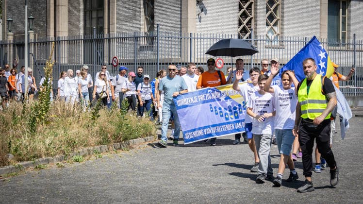 Srebrenica genocide victims commemorated on 31st anniversary in The Hague THE HAGUE, NETHERLANDS - JULY 11: Hundreds of people gather for an 11-kilometer symbolic Peace March held in memory of the 1995 Srebrenica genocide victims on its 31st anniversary, in The Hague, Netherlands, on July 11, 2026. Participants rest outside the former International Criminal Tribunal for the former Yugoslavia (ICTY) building during a commemoration event. Abdullah Asiran Anadolu The Hague Netherlands. Editorial use only. Please get in touch for any other usage.  Copyright: x2026xAnadoluxAbdullahxAsiranx