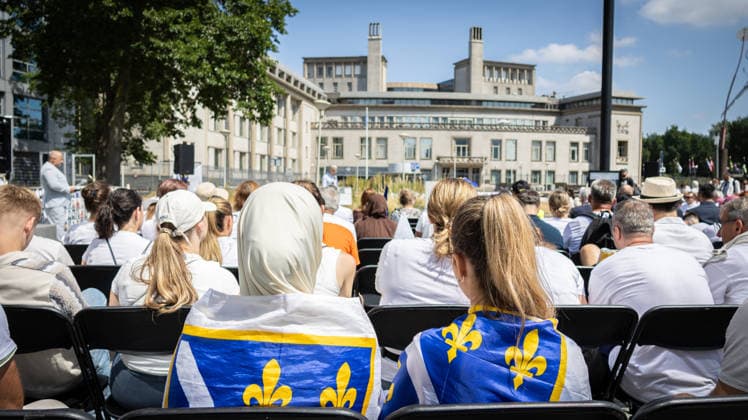 Srebrenica genocide victims commemorated on 31st anniversary in The Hague THE HAGUE, NETHERLANDS - JULY 11: Hundreds of people gather for an 11-kilometer symbolic Peace March held in memory of the 1995 Srebrenica genocide victims on its 31st anniversary, in The Hague, Netherlands, on July 11, 2026. Participants rest outside the former International Criminal Tribunal for the former Yugoslavia (ICTY) building during a commemoration event. Abdullah Asiran Anadolu The Hague Netherlands. Editorial use only. Please get in touch for any other usage.  Copyright: x2026xAnadoluxAbdullahxAsiranx