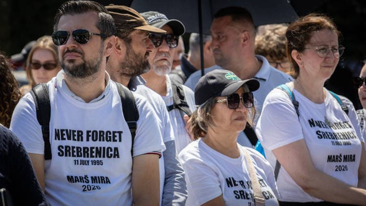 Srebrenica genocide victims commemorated on 31st anniversary in The Hague THE HAGUE, NETHERLANDS - JULY 11: Hundreds of people gather for an 11-kilometer symbolic Peace March held in memory of the 1995 Srebrenica genocide victims on its 31st anniversary, in The Hague, Netherlands, on July 11, 2026. Participants rest outside the former International Criminal Tribunal for the former Yugoslavia (ICTY) building during a commemoration event. Abdullah Asiran Anadolu The Hague Netherlands. Editorial use only. Please get in touch for any other usage.  Copyright: x2026xAnadoluxAbdullahxAsiranx