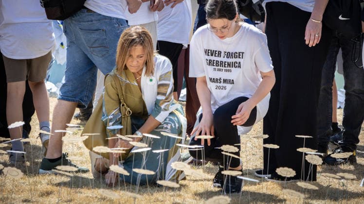 Srebrenica genocide victims commemorated on 31st anniversary in The Hague THE HAGUE, NETHERLANDS - JULY 11: Hundreds of people gather for an 11-kilometer symbolic Peace March held in memory of the 1995 Srebrenica genocide victims on its 31st anniversary, in The Hague, Netherlands, on July 11, 2026. Participants rest outside the former International Criminal Tribunal for the former Yugoslavia (ICTY) building during a commemoration event. Abdullah Asiran Anadolu The Hague Netherlands. Editorial use only. Please get in touch for any other usage.  Copyright: x2026xAnadoluxAbdullahxAsiranx