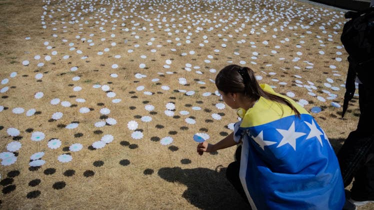 Srebrenica genocide victims commemorated on 31st anniversary in The Hague THE HAGUE, NETHERLANDS - JULY 11: Hundreds of people gather for an 11-kilometer symbolic Peace March held in memory of the 1995 Srebrenica genocide victims on its 31st anniversary, in The Hague, Netherlands, on July 11, 2026. Participants rest outside the former International Criminal Tribunal for the former Yugoslavia (ICTY) building during a commemoration event. Abdullah Asiran Anadolu The Hague Netherlands. Editorial use only. Please get in touch for any other usage.  Copyright: x2026xAnadoluxAbdullahxAsiranx