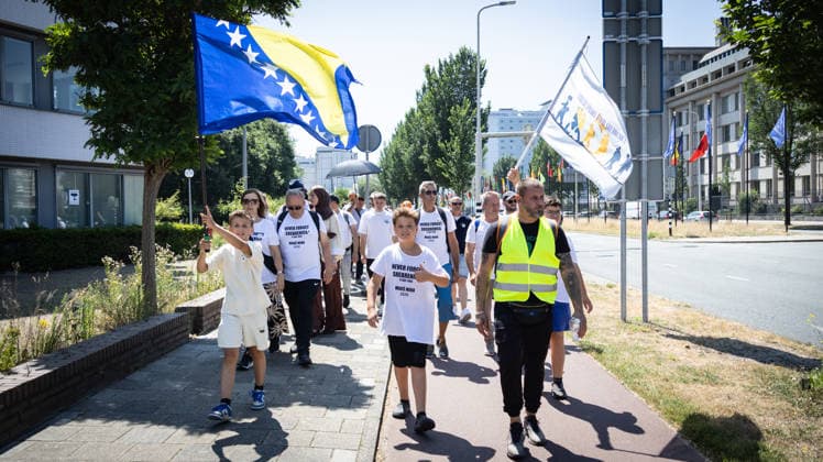 Srebrenica genocide victims commemorated on 31st anniversary in The Hague THE HAGUE, NETHERLANDS - JULY 11: Hundreds of people gather for an 11-kilometer symbolic Peace March held in memory of the 1995 Srebrenica genocide victims on its 31st anniversary, in The Hague, Netherlands, on July 11, 2026. Participants rest outside the former International Criminal Tribunal for the former Yugoslavia (ICTY) building during a commemoration event. Abdullah Asiran Anadolu The Hague Netherlands. Editorial use only. Please get in touch for any other usage.  Copyright: x2026xAnadoluxAbdullahxAsiranx