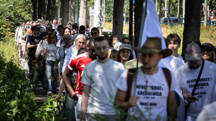 Srebrenica genocide victims commemorated on 31st anniversary in The Hague THE HAGUE, NETHERLANDS - JULY 11: Hundreds of people gather for an 11-kilometer symbolic Peace March held in memory of the 1995 Srebrenica genocide victims on its 31st anniversary, in The Hague, Netherlands, on July 11, 2026. Participants rest outside the former International Criminal Tribunal for the former Yugoslavia (ICTY) building during a commemoration event. Abdullah Asiran Anadolu The Hague Netherlands. Editorial use only. Please get in touch for any other usage.  Copyright: x2026xAnadoluxAbdullahxAsiranx