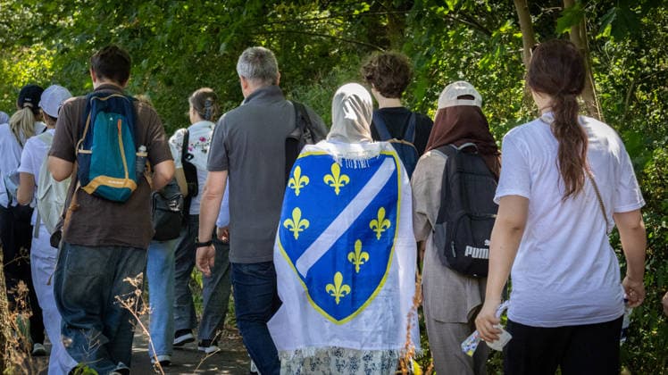 Srebrenica genocide victims commemorated on 31st anniversary in The Hague THE HAGUE, NETHERLANDS - JULY 11: Hundreds of people gather for an 11-kilometer symbolic Peace March held in memory of the 1995 Srebrenica genocide victims on its 31st anniversary, in The Hague, Netherlands, on July 11, 2026. Participants rest outside the former International Criminal Tribunal for the former Yugoslavia (ICTY) building during a commemoration event. Abdullah Asiran Anadolu The Hague Netherlands. Editorial use only. Please get in touch for any other usage.  Copyright: x2026xAnadoluxAbdullahxAsiranx