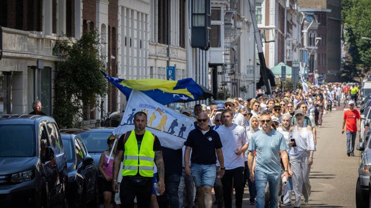 Srebrenica genocide victims commemorated on 31st anniversary in The Hague THE HAGUE, NETHERLANDS - JULY 11: Hundreds of people gather for an 11-kilometer symbolic Peace March held in memory of the 1995 Srebrenica genocide victims on its 31st anniversary, in The Hague, Netherlands, on July 11, 2026. Participants rest outside the former International Criminal Tribunal for the former Yugoslavia (ICTY) building during a commemoration event. Abdullah Asiran Anadolu The Hague Netherlands. Editorial use only. Please get in touch for any other usage.  Copyright: x2026xAnadoluxAbdullahxAsiranx