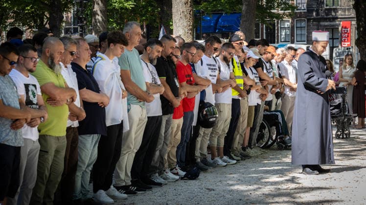 Srebrenica genocide victims commemorated on 31st anniversary in The Hague THE HAGUE, NETHERLANDS - JULY 11: Attendees perform a funeral prayer in absentia for 10 recently identified victims of the 1995 Srebrenica genocide during a commemoration ceremony marking its 31st anniversary, in The Hague, Netherlands, on July 11, 2026. Abdullah Asiran Anadolu The Hague Netherlands. Editorial use only. Please get in touch for any other usage.  Copyright: x2026xAnadoluxAbdullahxAsiranx