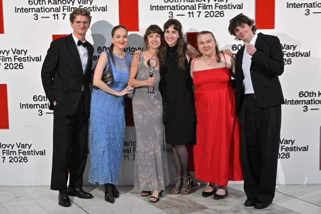 The final day of the 60th Karlovy Vary International Film Festival, on July 11, 2026. Grand Prize of the Proxima Competition, the film Lover, Not a Fighter. From left, Frantisek Beles, producers Julie Markova Zackova and Michaela Kaliska, director Martina Buchelova, producer Erika Paulinska, actor Adam Kubala (CTKxPhoto SlavomirxKubes) CTKPhotoP2026071105094  CTKPhotoP2026071105094