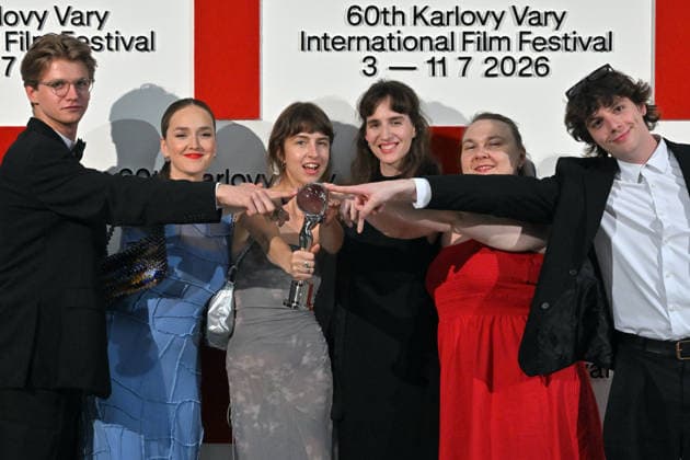 The final day of the 60th Karlovy Vary International Film Festival, on July 11, 2026. Grand Prize of the Proxima Competition, the film Lover, Not a Fighter. From left, Frantisek Beles, producers Julie Markova Zackova and Michaela Kaliska, director Martina Buchelova, producer Erika Paulinska, actor Adam Kubala (CTKxPhoto SlavomirxKubes) CTKPhotoP2026071105095  CTKPhotoP2026071105095