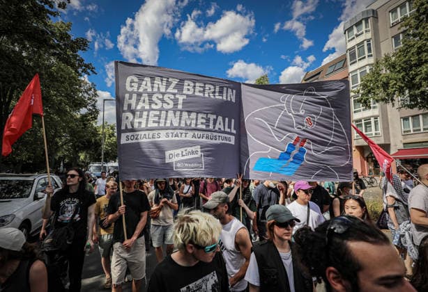 July 11, 2026, Berlin, Berlin, Germany: Demonstrators march and chant during an anti-war protest against Rheinmetall and the arms industry in Berlin, Germany, on July 11, 2026. The demonstration called for an end to weapons production and military expansion, with participants carrying banners and Palestinian flags while demanding greater investment in social services instead of armaments. Berlin Germany - ZUMAa268 20260711_zip_a268_004 Copyright: xAbdelrahmanxAlkahloutx