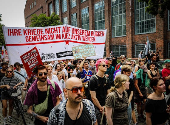 July 11, 2026, Berlin, Berlin, Germany: Demonstrators march and chant during an anti-war protest against Rheinmetall and the arms industry in Berlin, Germany, on July 11, 2026. The demonstration called for an end to weapons production and military expansion, with participants carrying banners and Palestinian flags while demanding greater investment in social services instead of armaments. Berlin Germany - ZUMAa268 20260711_zip_a268_011 Copyright: xAbdelrahmanxAlkahloutx